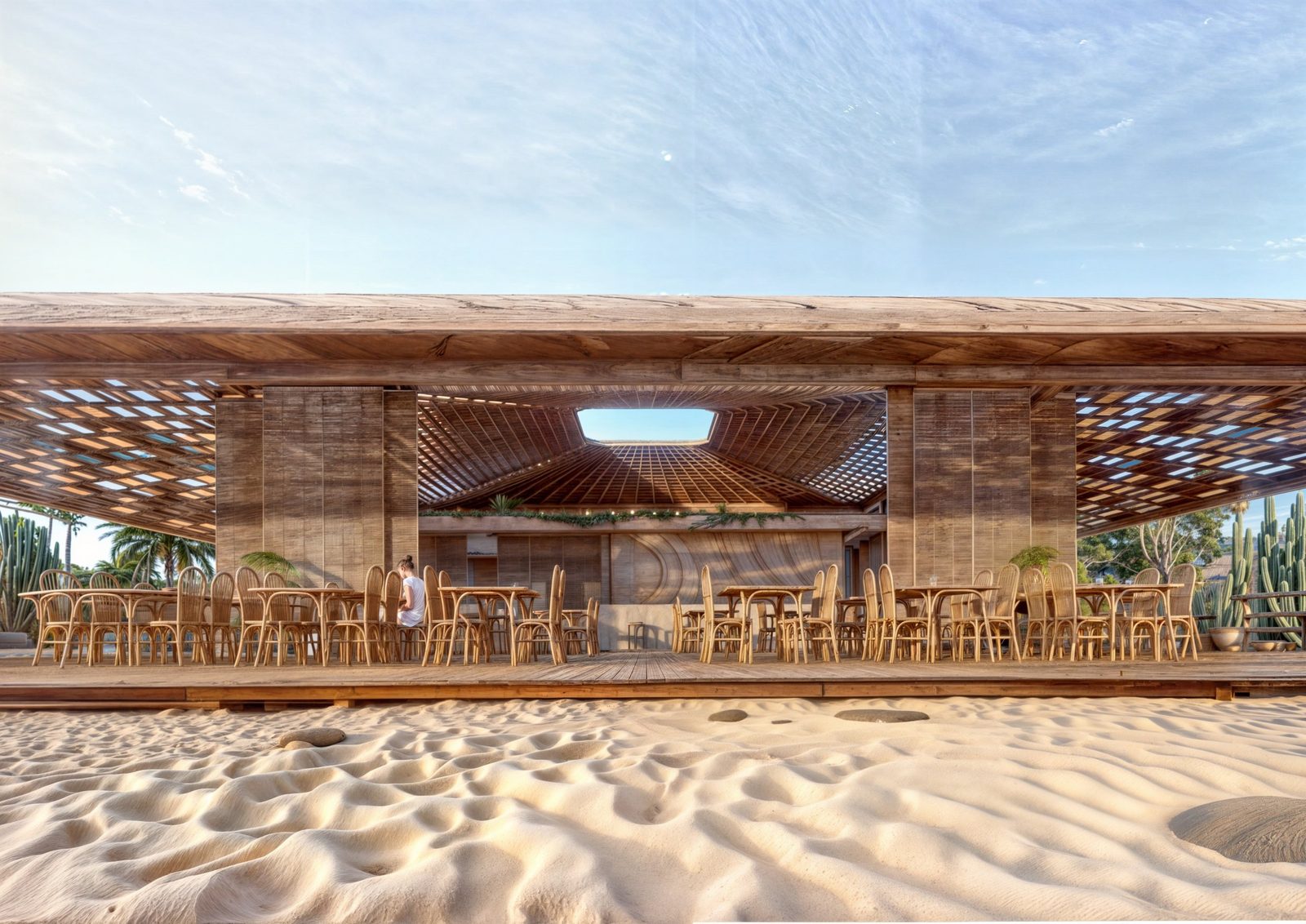 FD SeaSide Complex — thatch-covered beachfront structure with reflective tiles on Chania’s west coast