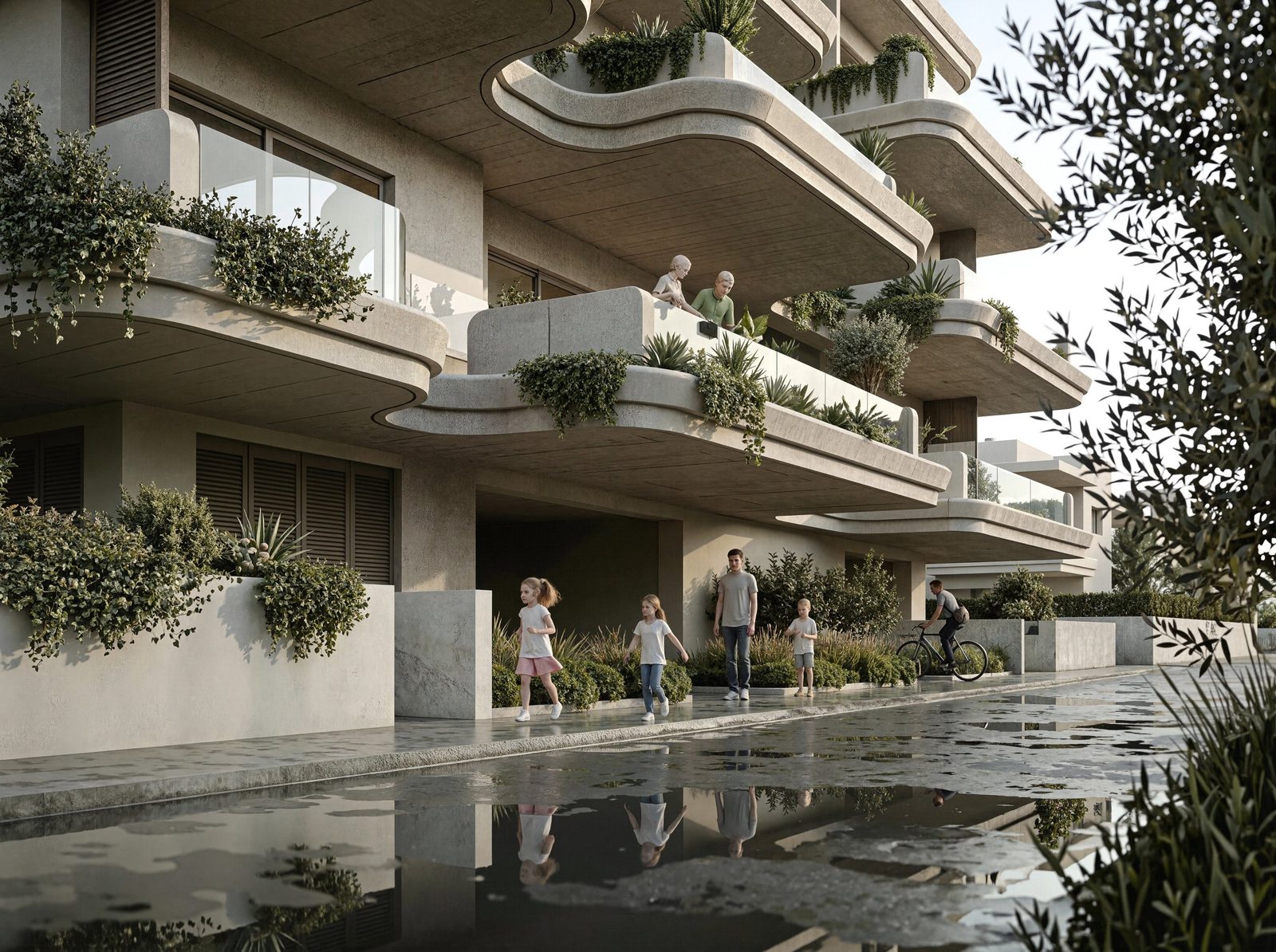 KP Residential Complex — exposed concrete apartments overlooking Chania