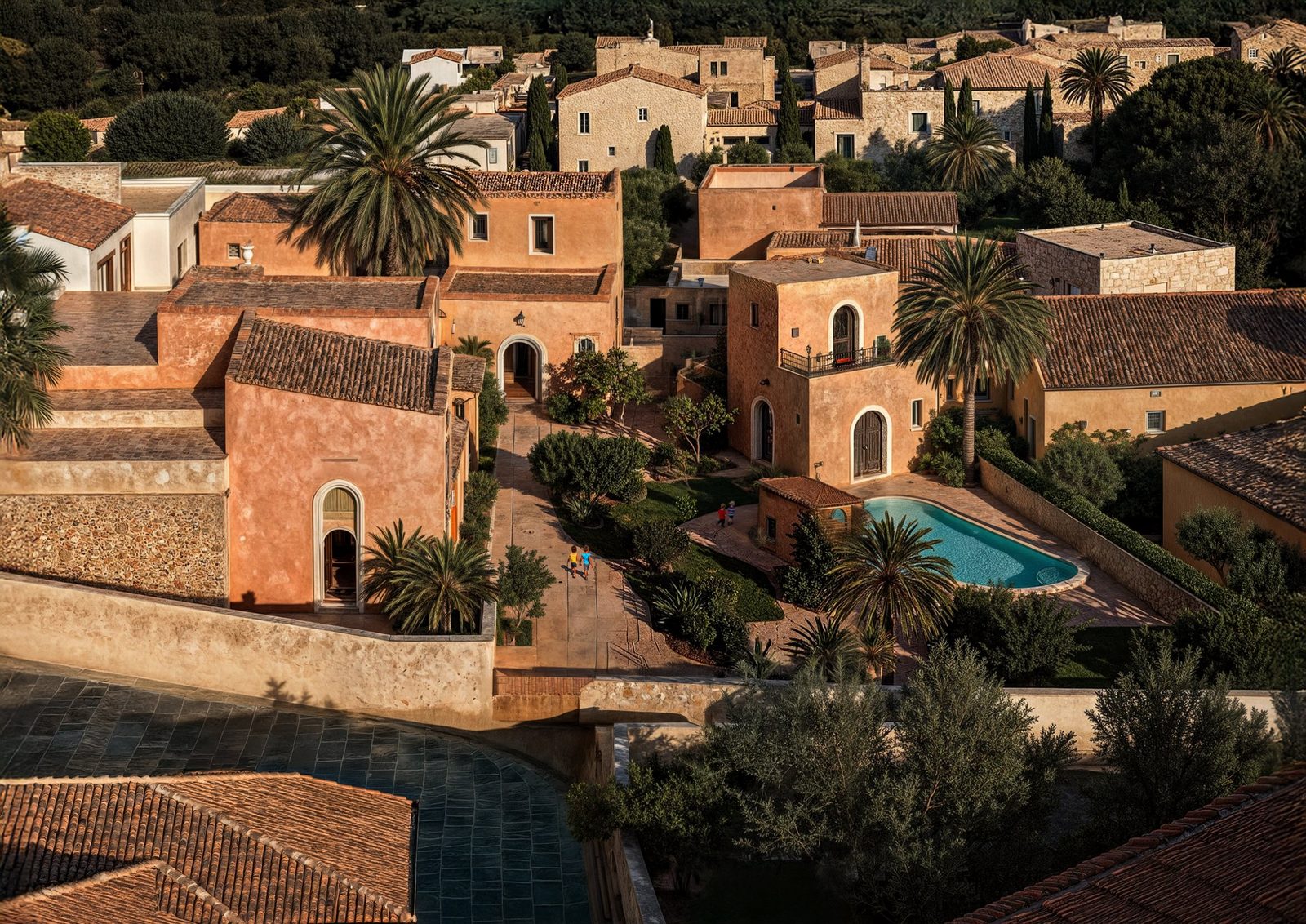 Aerial view of the three interconnected volumes and pools of Threshold in Pazinos
