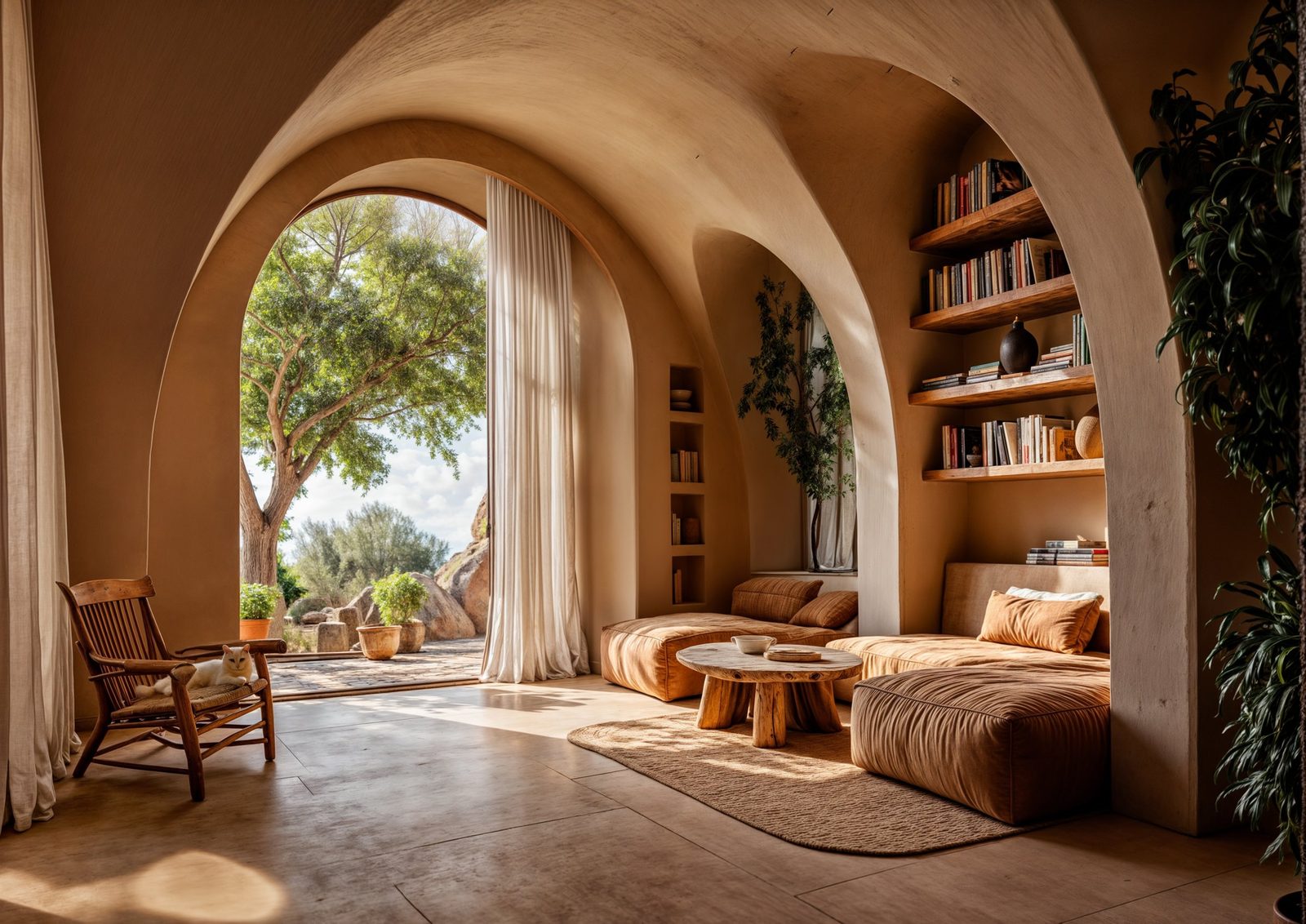 Vaulted stone living room interior at Threshold